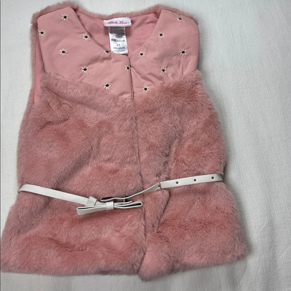 Little Lass Pink Faux Fur Vest with White‎ Belt